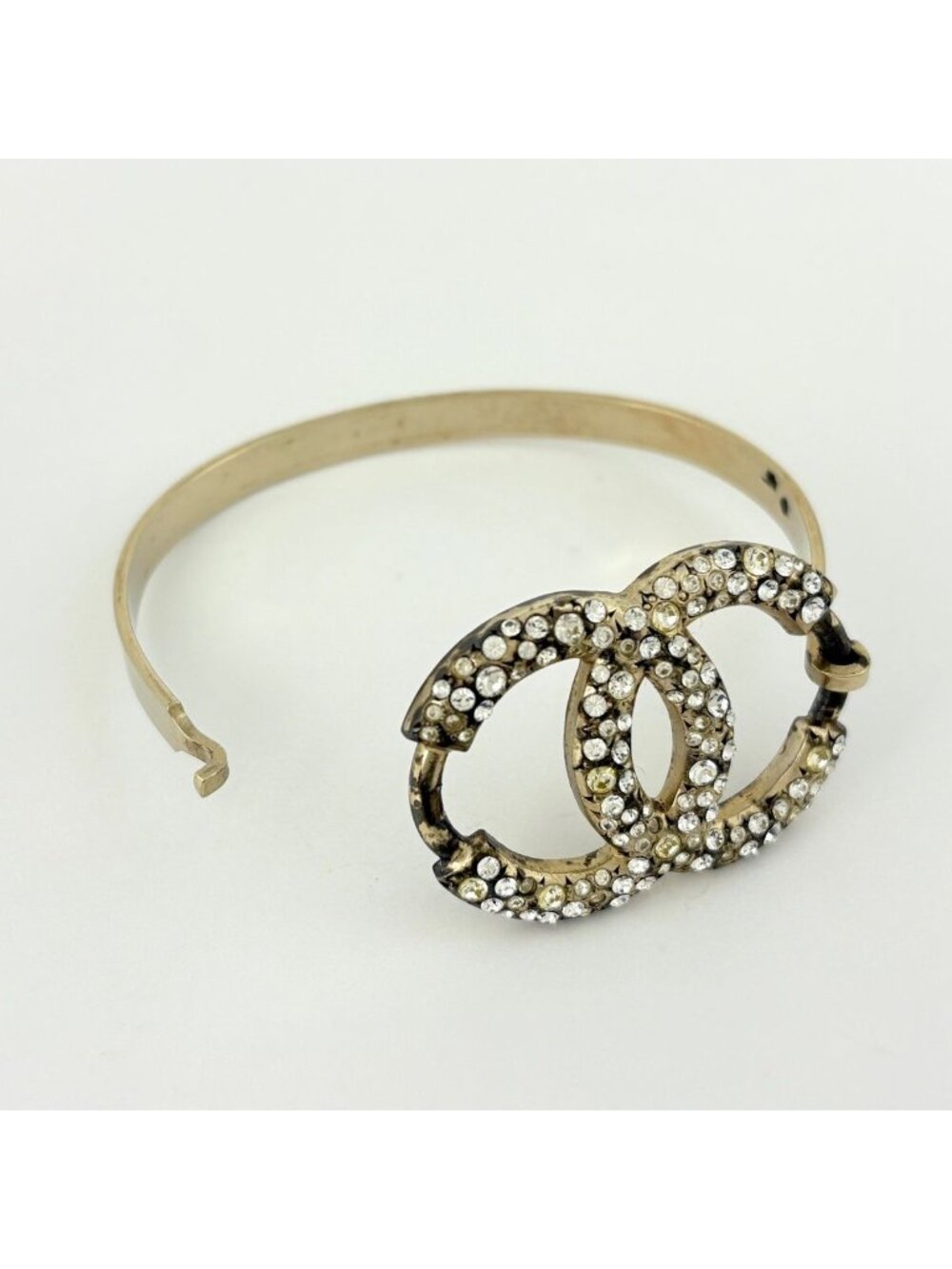 Chanel CC Logo Rhinestone Bangle Silver Plated Bracelet - Picture 2 of 8